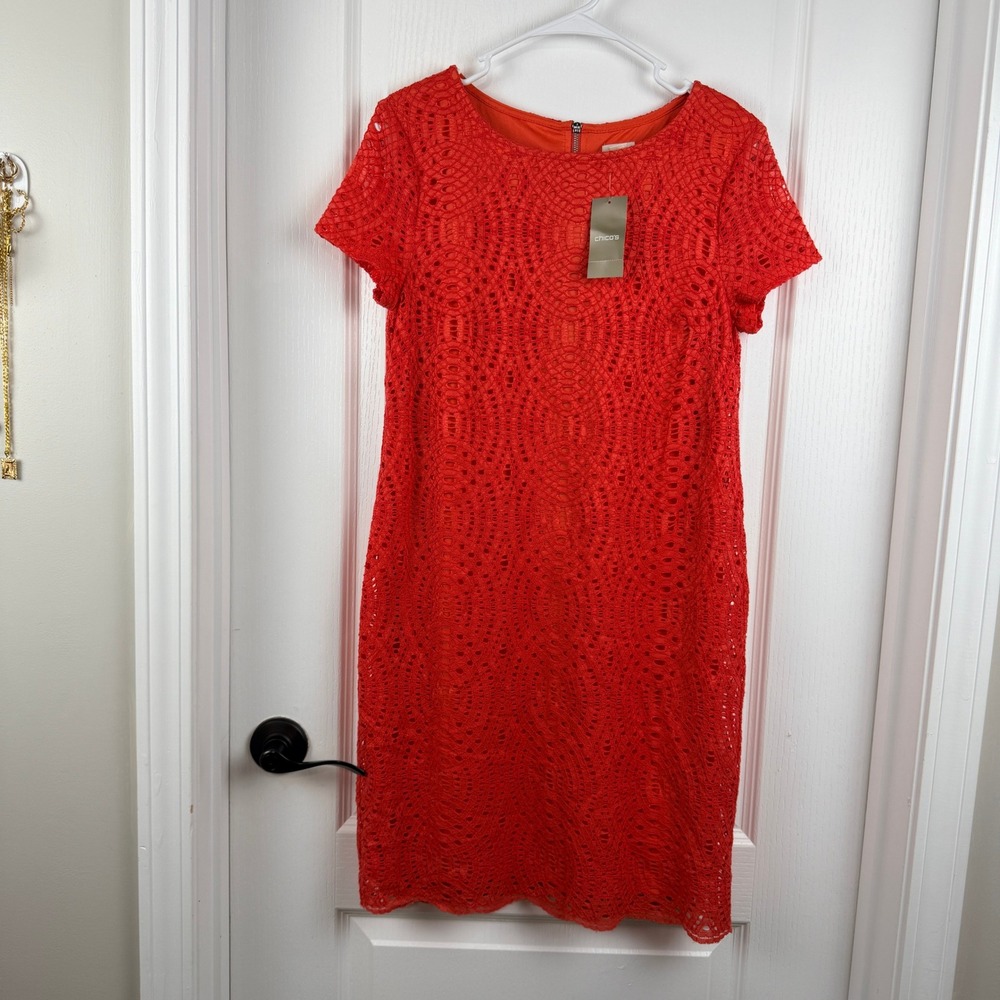 Chico's Textured Lace Short Dress Coral Reef 570174543 Women's Size 0 Small NWT‎